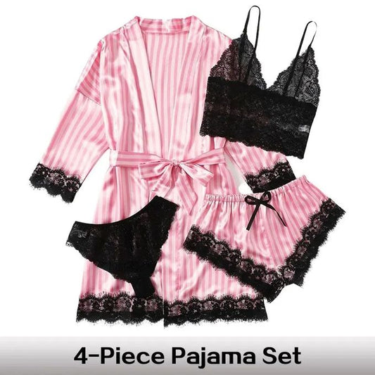 Coffret "Angélique" – Ensemble 4 Pièces : Peignoir Kimono, Top Dentelle & Short Rayé Rose