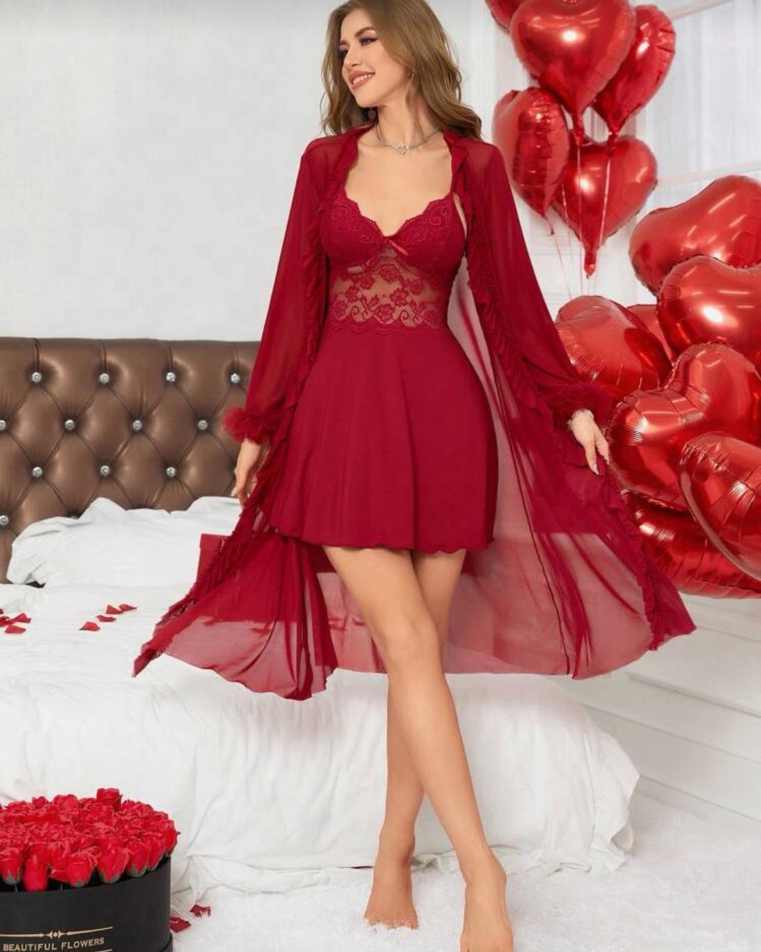 Ensemble de Nuit "Sultanat" – Trio Royal : Nuisette en Dentelle & Peignoir en Voile Rouge