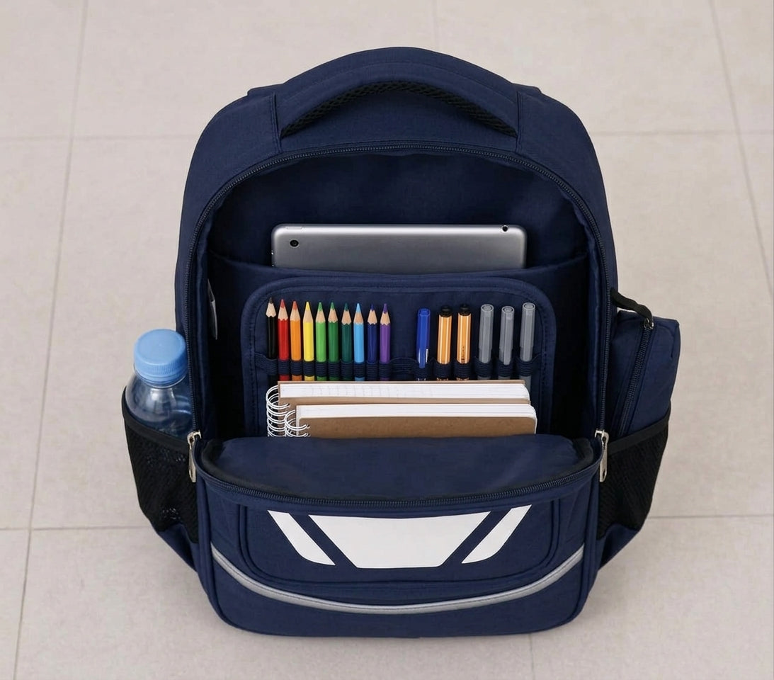 Sac à Dos Scolaire Bleu Marine – Grand Format & Sécurité Réfléchissante
