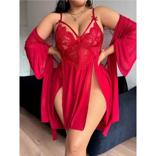 Ensemble Lingerie 3 Pièces Rouge Passion – Souterrain Lace, Shorty & Peignoir en Voile