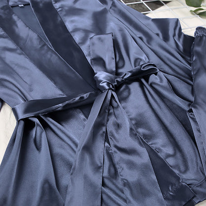 Ensemble Loungewear "Séréna" – Duo Peignoir Kimono & Pantalon Fluide en Satin Bleu Orage