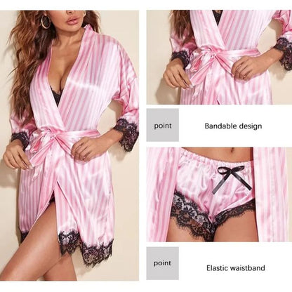 Coffret "Angélique" – Ensemble 4 Pièces : Peignoir Kimono, Top Dentelle & Short Rayé Rose