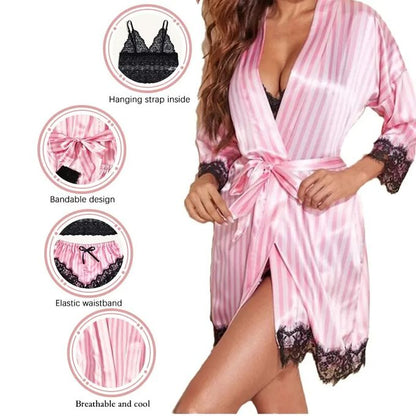 Coffret "Angélique" – Ensemble 4 Pièces : Peignoir Kimono, Top Dentelle & Short Rayé Rose