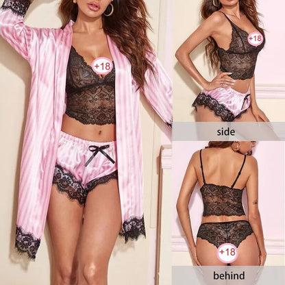 Coffret "Angélique" – Ensemble 4 Pièces : Peignoir Kimono, Top Dentelle & Short Rayé Rose