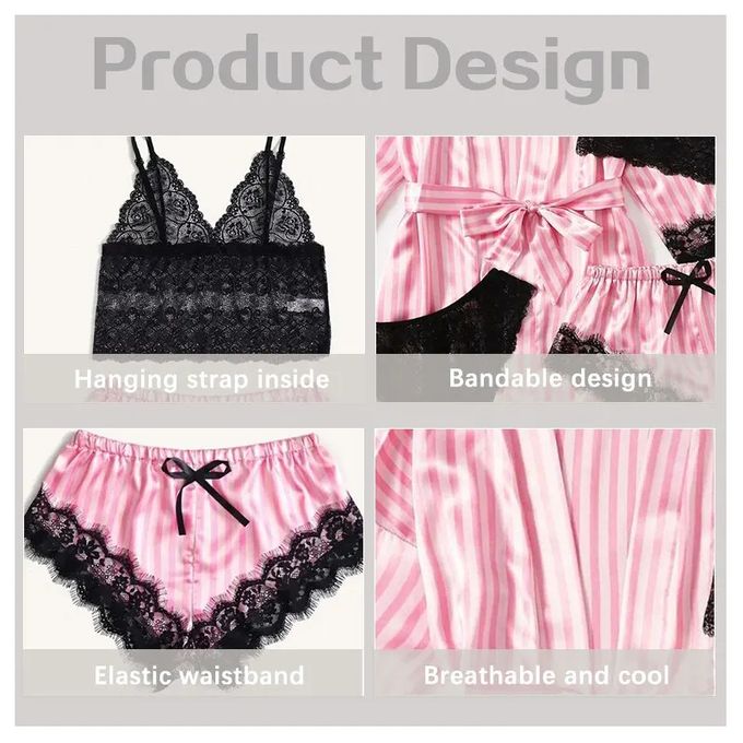 Coffret "Angélique" – Ensemble 4 Pièces : Peignoir Kimono, Top Dentelle & Short Rayé Rose