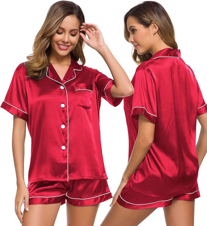 Ensemble Pyjama "Classic Silk" – Satin Soyeux Rouge Passion à Boutonnage Central