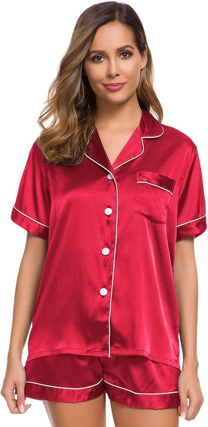 Ensemble Pyjama "Classic Silk" – Satin Soyeux Rouge Passion à Boutonnage Central
