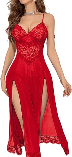 Robe de Nuit Longue "Majestic" – Dentelle Florale & Voile de Soie avec Doubles Fentes