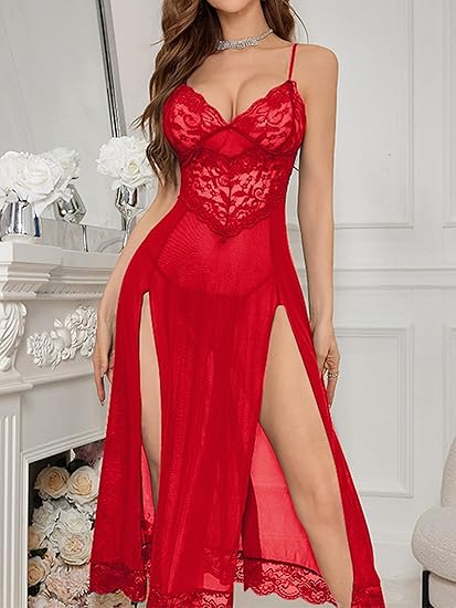 Robe de Nuit Longue "Majestic" – Dentelle Florale & Voile de Soie avec Doubles Fentes