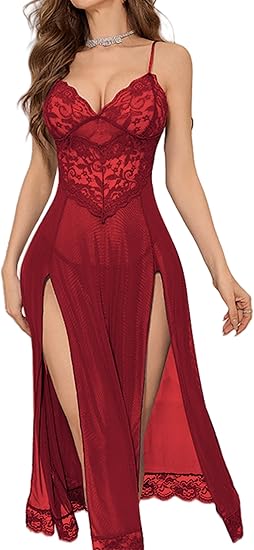 Robe de Nuit Longue "Majestic" – Dentelle Florale & Voile de Soie avec Doubles Fentes