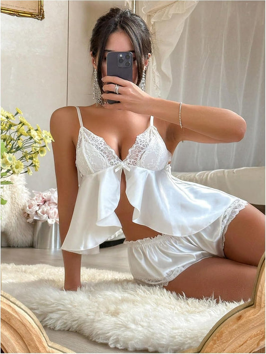 Ensemble Pyjama "Perle de Soie" – Babydoll Blanc Pur en Satin & Dentelle