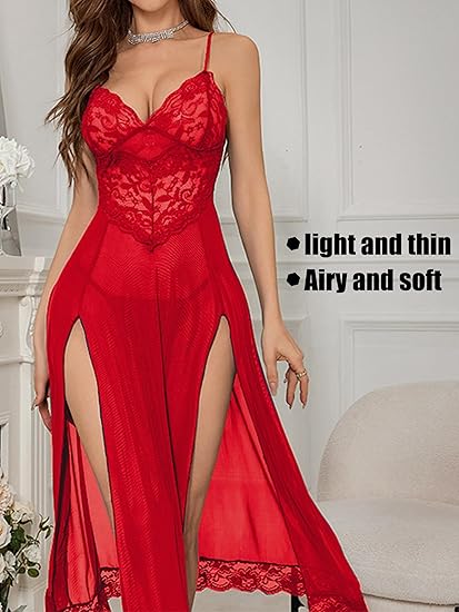 Robe de Nuit Longue "Majestic" – Dentelle Florale & Voile de Soie avec Doubles Fentes