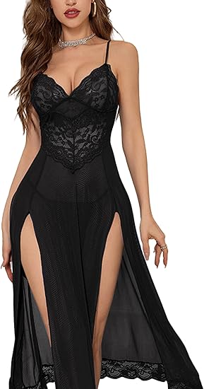 Robe de Nuit Longue "Majestic" – Dentelle Florale & Voile de Soie avec Doubles Fentes