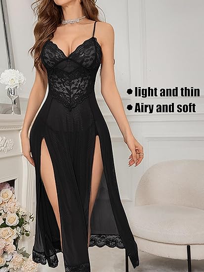 Robe de Nuit Longue "Majestic" – Dentelle Florale & Voile de Soie avec Doubles Fentes