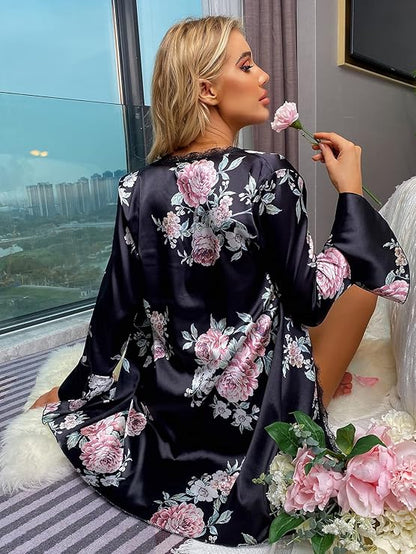 Coffret Sommeil "Midnight Rose" – Ensemble 3 Pièces : Peignoir, Top Dentelle & Short Satiné