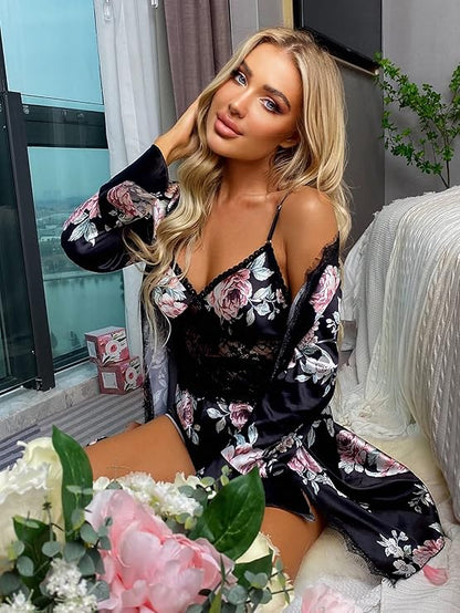 Coffret Sommeil "Midnight Rose" – Ensemble 3 Pièces : Peignoir, Top Dentelle & Short Satiné