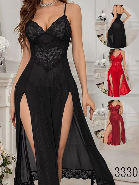 Robe de Nuit Longue "Majestic" – Dentelle Florale & Voile de Soie avec Doubles Fentes
