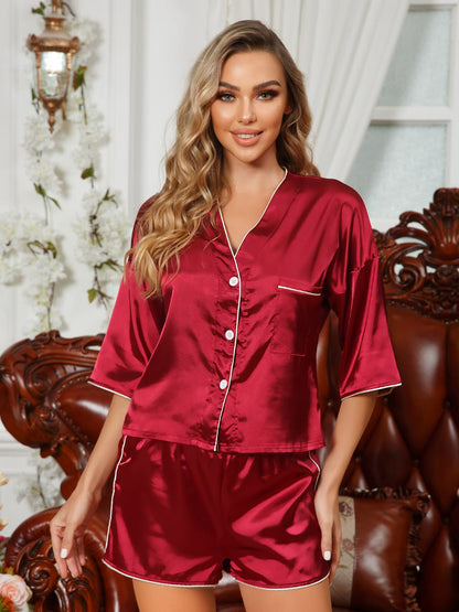 Ensemble Pyjama "Classic Silk" – Satin Soyeux Rouge Passion à Boutonnage Central