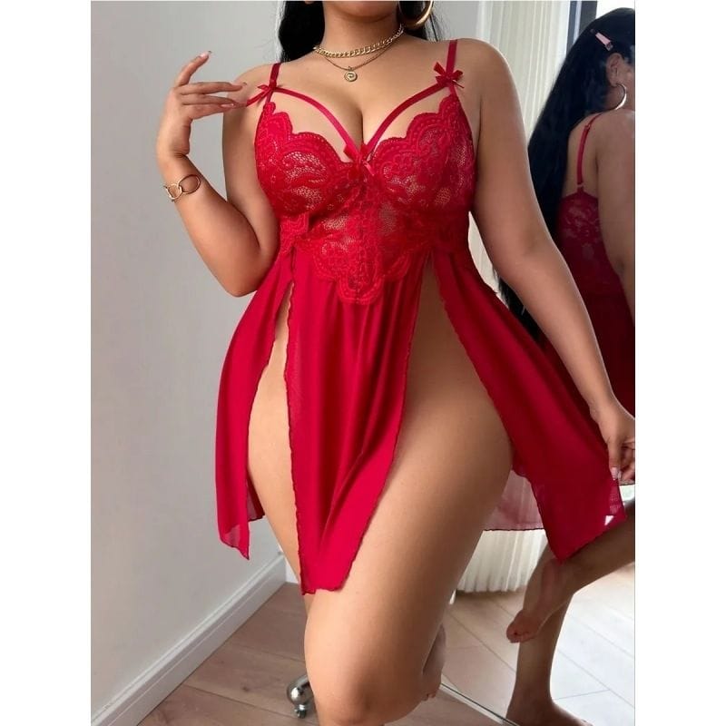 Ensemble Lingerie 3 Pièces Rouge Passion – Souterrain Lace, Shorty & Peignoir en Voile