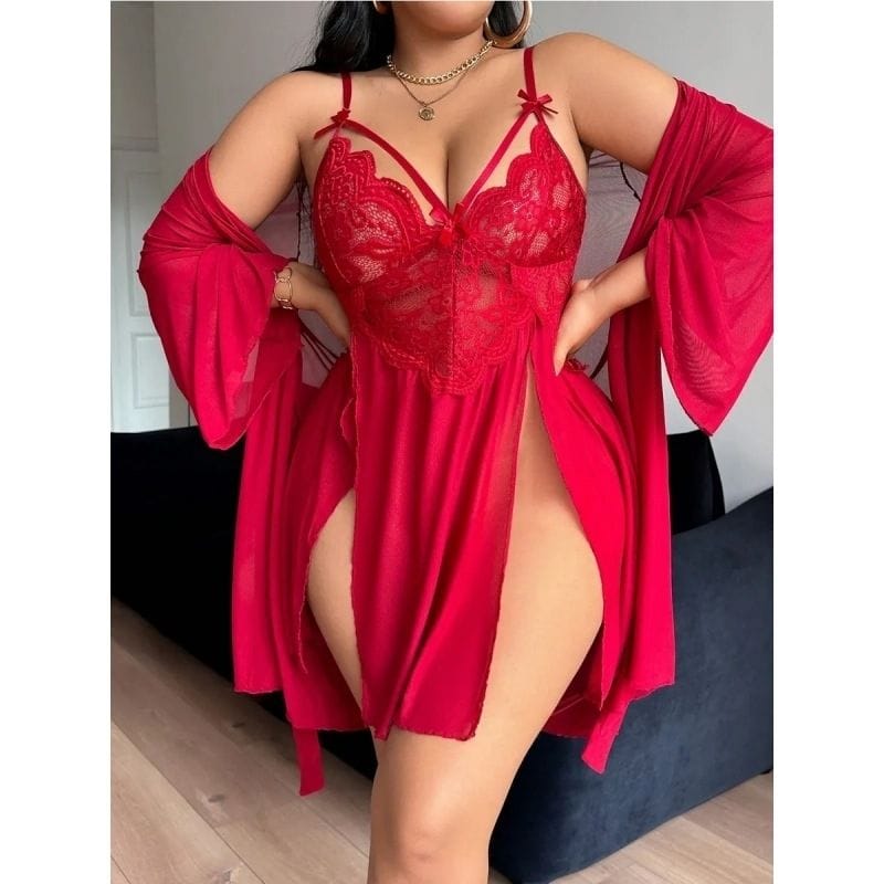 Ensemble Lingerie 3 Pièces Rouge Passion – Souterrain Lace, Shorty & Peignoir en Voile