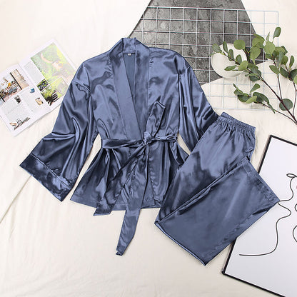 Ensemble Loungewear "Séréna" – Duo Peignoir Kimono & Pantalon Fluide en Satin Bleu Orage